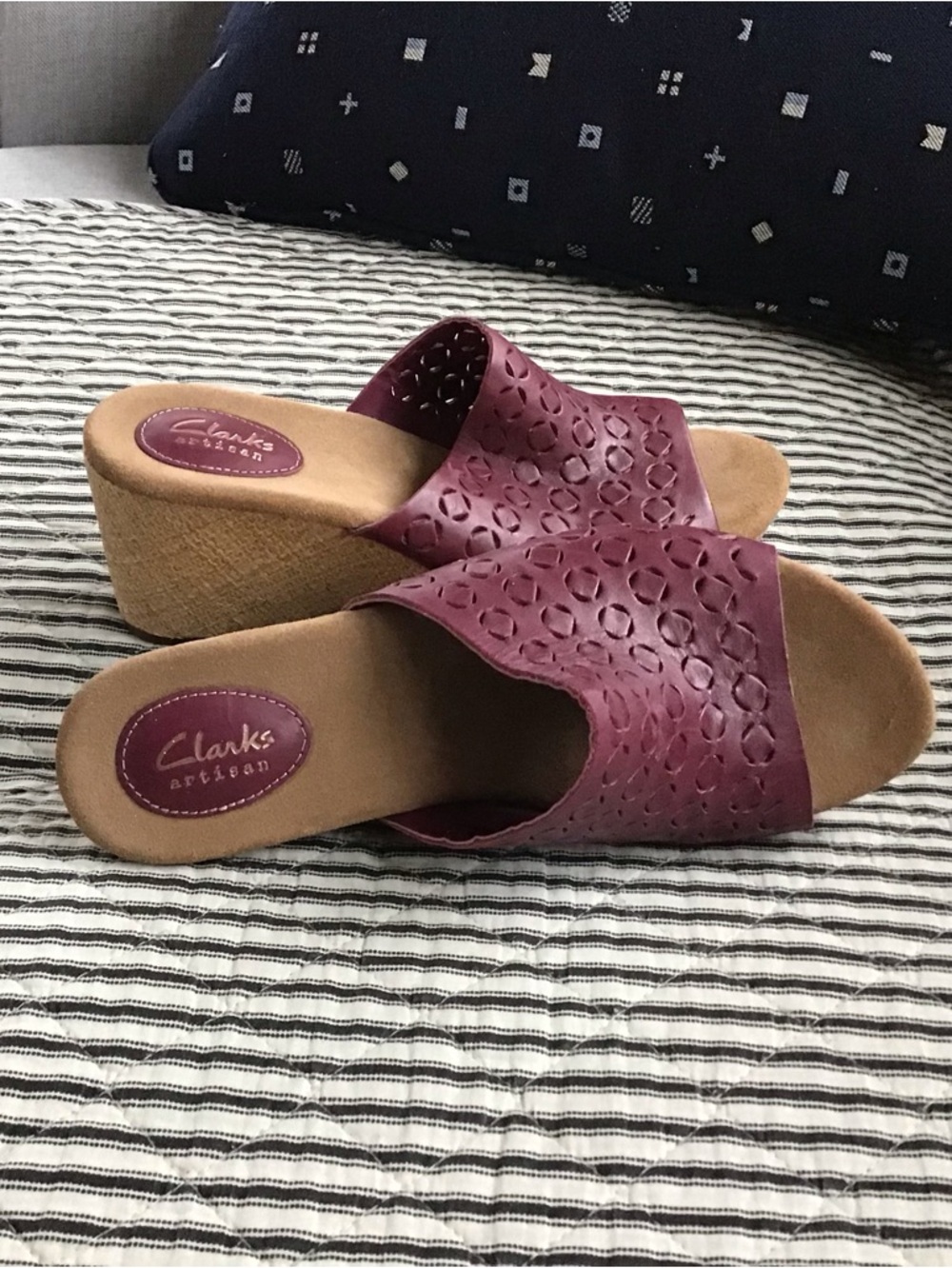 Clarks- New/no box - Leather, perforated slide wedge sandals, 8M